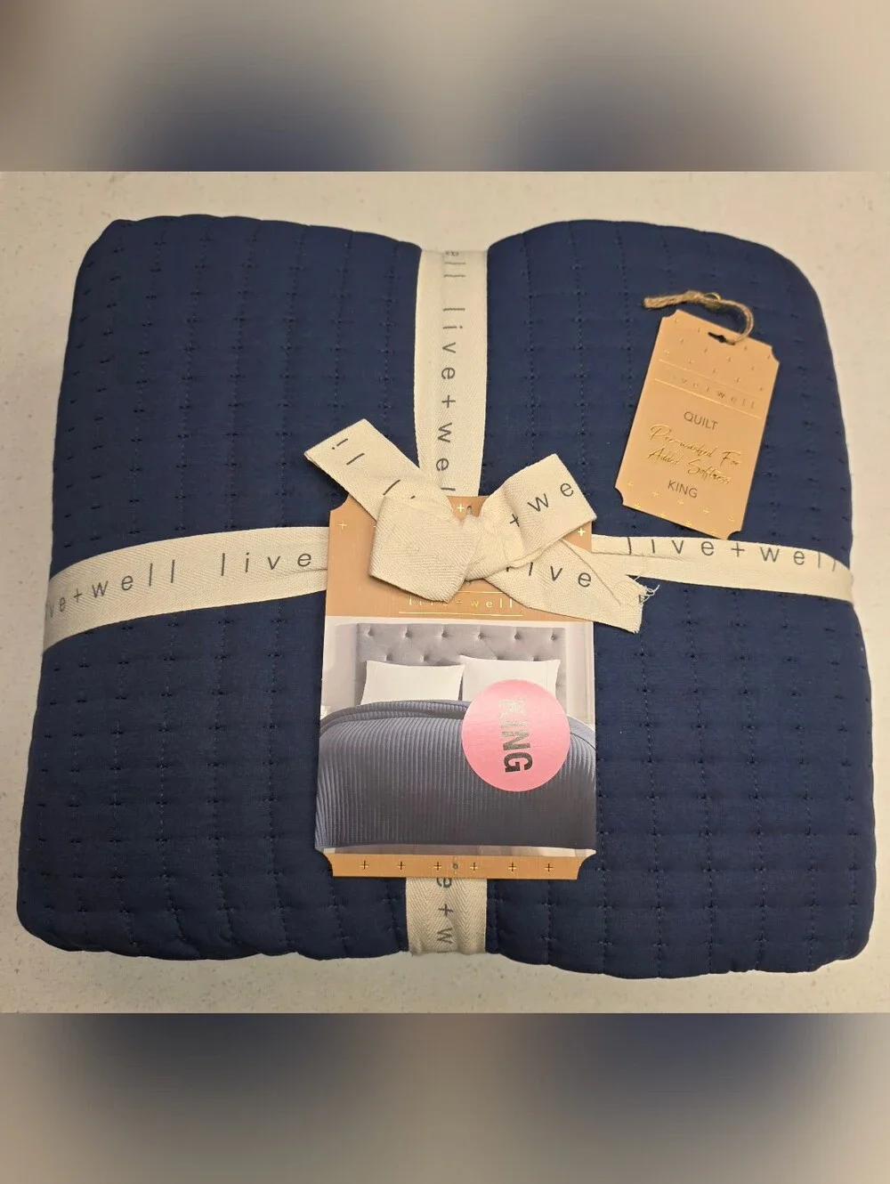 LIVE & WELL Garment Washed Box Stitch Quilt KING Size Logan DENIM Blue - NEW
